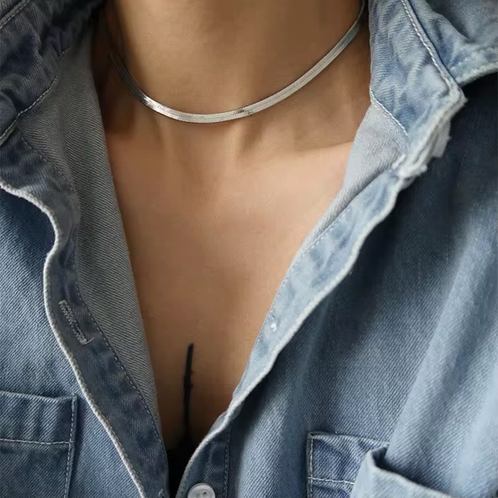Silver Tone Stainless Steel Herringbone Necklace